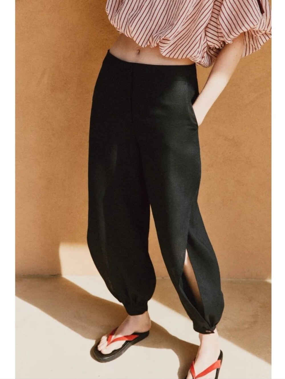 Zara Black Relaxed Split-Hem Linen Blend Harem Pants Sz-L